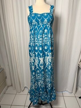 So Wear It Declare It Teal and White Patterned Smocked Maxi Dress
